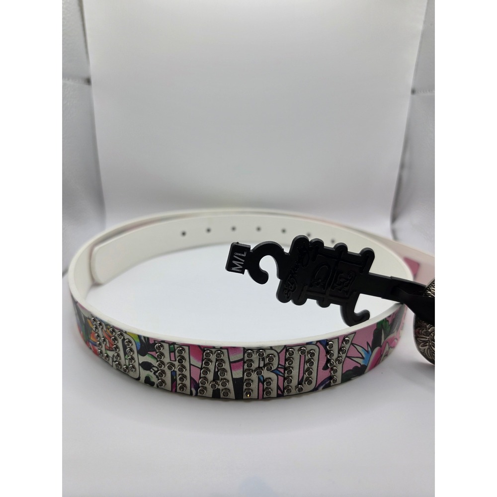 Ed Hardy Pink Graphic Leather Belt Rhinestone Studded Silver Buckle S/M NWT Y2K